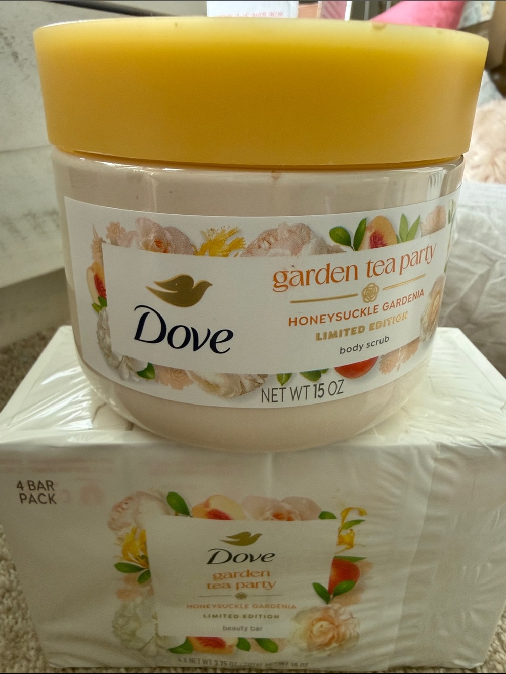 Dove Garden Tea Party Honeysuckle Gardenia Body Scrub & Soap NWT